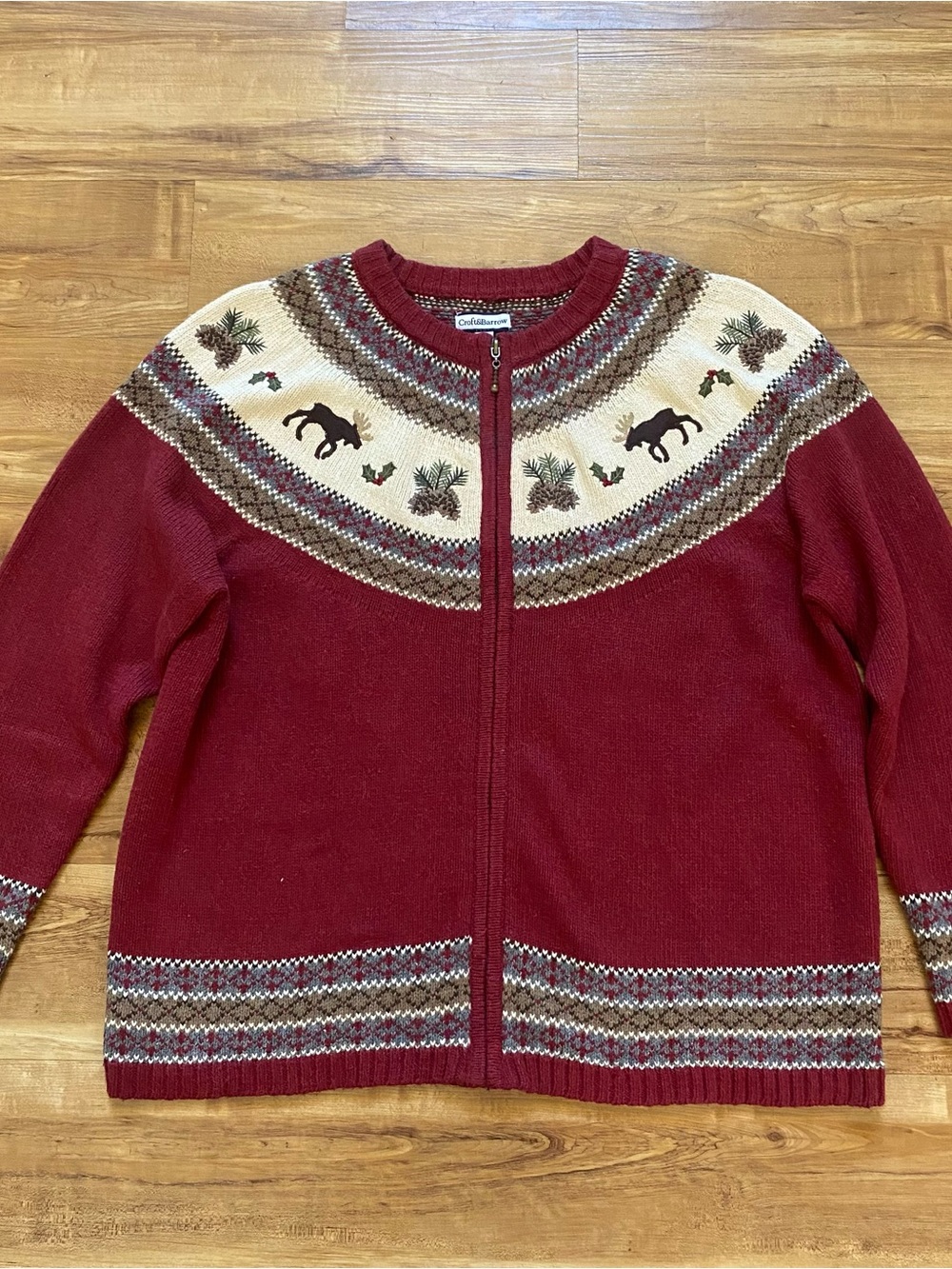 Women's 1X Red Ugly Christmas Sweater Granny Silk Blend Cardigan Fair Isle Yoke